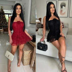 New strapless lace short jumpsuit solid color
