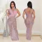 Backless printed round neck dress, hip hugging long skirt, sleeveless design for women