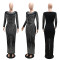 Fashionable long sleeved rhinestone wrapped hip dress with round neck and long sleeved skirt