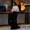 Round neck high slit hot stamping dress, fashionable dress