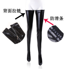 Lacquer coated adhesive sexy elastic long socks black leather socks with anti slip strips zipper elastic props