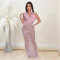 Backless printed round neck dress, hip hugging long skirt, sleeveless design for women