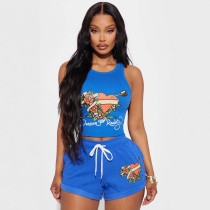 Positioning printed vest shorts casual set