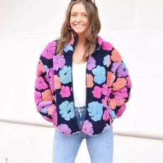 Autumn and winter new retro three-dimensional flower temperament loose zipper cardigan women's clothing