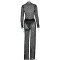 Sexy women's lace suit round neck long sleeved top slim fit waist cinching perspective two-piece set