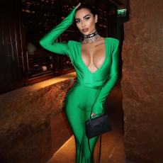 Hot selling V-neck spicy girl micro pull jumpsuit, fashionable and sexy long sleeved tight fitting jumpsuit