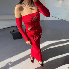 Hot selling pleated long sleeved women's long skirt, fashionable and sexy, hip hugging slim fit dress