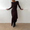Dress sexy round neck long sleeved pleated ribbon slim fit hip hugging dress