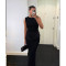 Spring sexy satin patchwork long dress elegant slim fit sleeveless pleated solid color dress