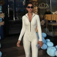 Fashionable and sexy zipper solid color leggings long sleeved round neck tight jumpsuit
