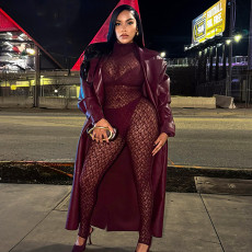 Sexy women's lace suit round neck long sleeved top slim fit waist cinching perspective two-piece set