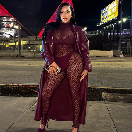 Sexy women's lace suit round neck long sleeved top slim fit waist cinching perspective two-piece set