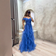 Solid color one shoulder strapless mesh long elegant slim fit banquet evening gown