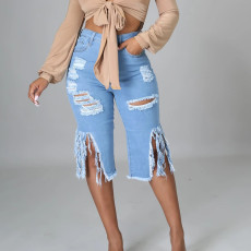 New elastic fringe ripped jeans  Middle pants girl