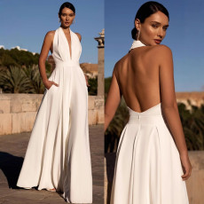 New sleeveless hanging neck jumpsuit solid color V-neck pants