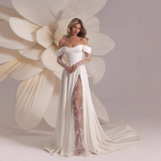 New product strapless slim fitting wedding dress solid color slit long skirt