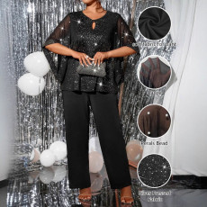 Large casual mesh sleeve straight leg pants set for summer