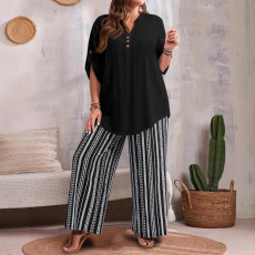 Large loose casual striped straight leg pants set for summer