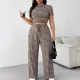 Large casual tight fitting top loose straight leg pants set