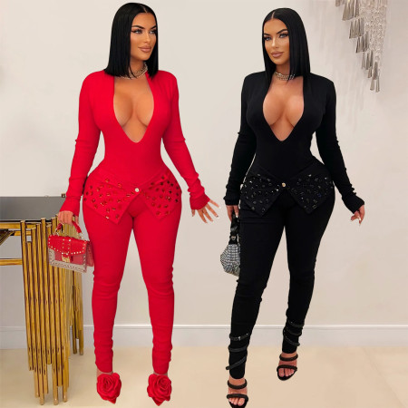 Sexy V-neck rhinestone jumpsuit slim fit pencil pants women's solid color long sleeved pants