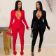 Sexy V-neck rhinestone jumpsuit slim fit pencil pants women's solid color long sleeved pants
