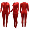 Sexy V-neck rhinestone jumpsuit slim fit pencil pants women's solid color long sleeved pants