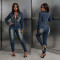 Repair height, stretch, small ankle, wash water, long sleeved denim jumpsuit, jumpsuit