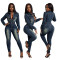 Repair height, stretch, small ankle, wash water, long sleeved denim jumpsuit, jumpsuit