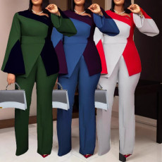 Elegant commuting elastic waistband long sleeved patchwork contrasting color set