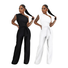 Sexy and fashionable solid color single shoulder diagonal collar women's jumpsuit