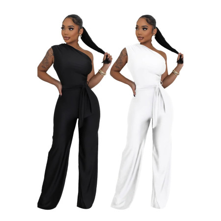 Sexy and fashionable solid color single shoulder diagonal collar women's jumpsuit