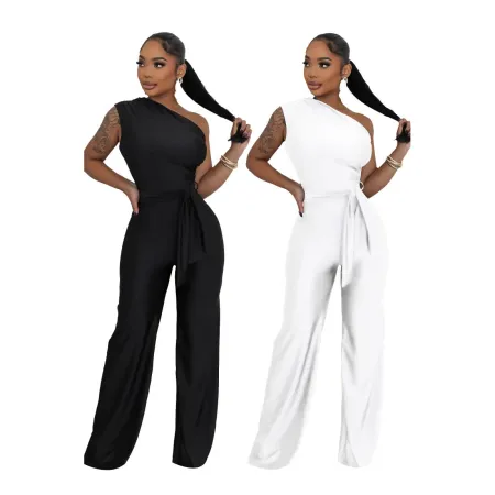 Sexy and fashionable solid color single shoulder diagonal collar women's jumpsuit