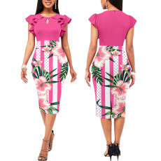 Sexy and fashionable digital printed short sleeved round neck women's dress