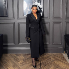 Sexy and elegant lapel and waist cinched long suit dress