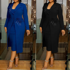 Elegant and stretchy slim fit floral pearl rhinestone wrapped hip suit jacket with inner straps