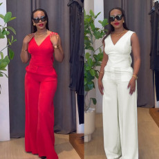 Elegant V-neck knitted elastic backless bow decoration pants two-piece set