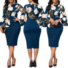 Fashionable flower print flared sleeve white-collar women's dress