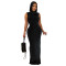 Half high neck pleated waist repair sleeveless high stretch long dress