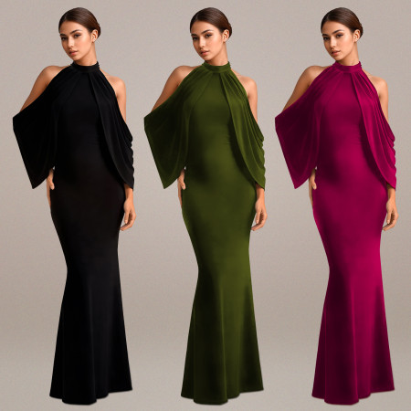 Fashionable women's slim fit elegant off shoulder sleeve wrapped arm dress new