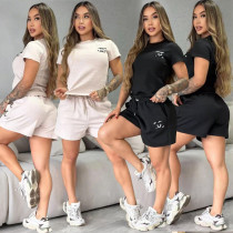 Summer new embossed embroidery strap short sleeved shorts set