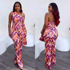 Elegant stretch slim fit printed wide leg jumpsuit