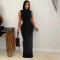 Half high neck pleated waist repair sleeveless high stretch long dress