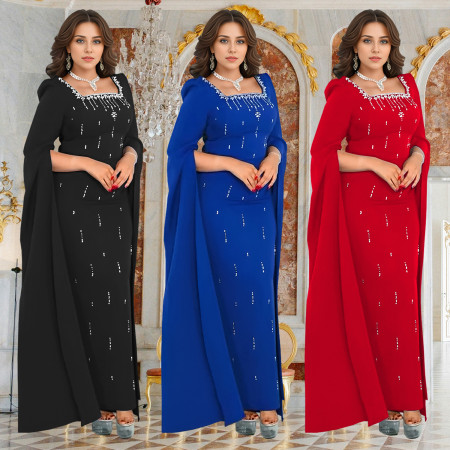 Fashionable women's back slit cape sleeve rhinestone elegant dress