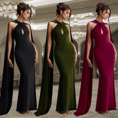 Fashionable women's casual elegant long skirt with ribbon solid color dress