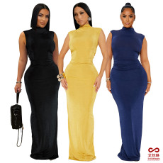 Half high neck pleated waist repair sleeveless high stretch long dress
