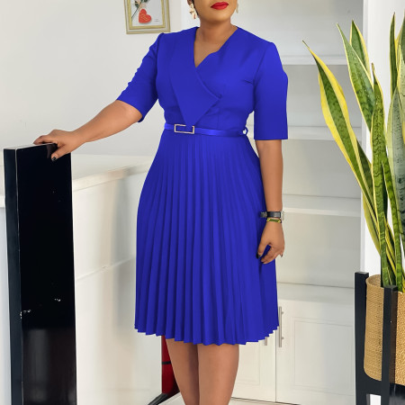 2025 summer new fashionable temperament V-neck solid color plus size pleated African foreign trade dress