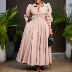 Women's elegant long sleeved dress with a large hem, including a shirt and skirt, fashionable solid color, medium to long African dress
