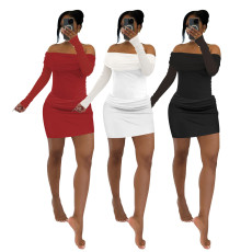 Spring/Summer Mesh One Shoulder Long Sleeve Short Skirt Splicing Perspective Sexy Drawn Two Piece Set