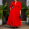 Women's elegant long sleeved dress with a large hem, including a shirt and skirt, fashionable solid color, medium to long African dress