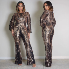 Fashion sequin jumpsuit round neck slim fit micro flared pants